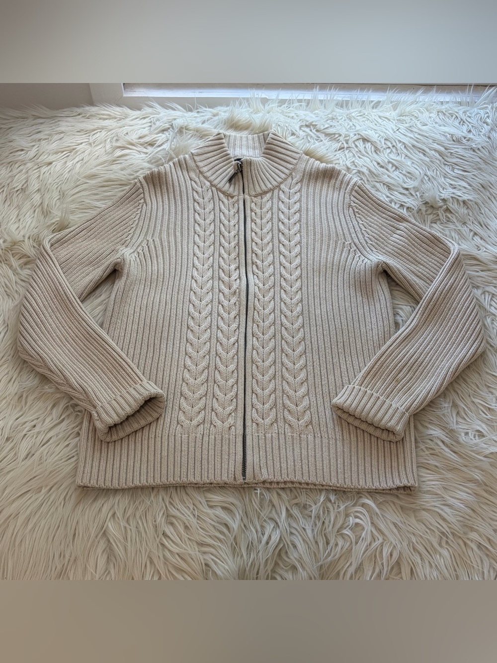Vintage Lands’ End Full Zip Cable Knit Cardigan Sweater Fisherman Cotton Women S